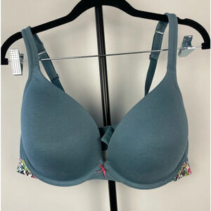 Cacique Blue Gray Boost Plunge Padded‎ Bra with Floral Band